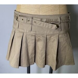 VTG Y2K Blanc Pleated Micro Mini Skirt Low Rise With Grommet Belt Khaki NWT Med